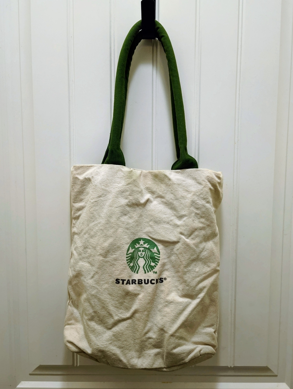 Starbucks Large Distressed Canvas Tote Bag Natural Green Lined Gusseted 14x12x4